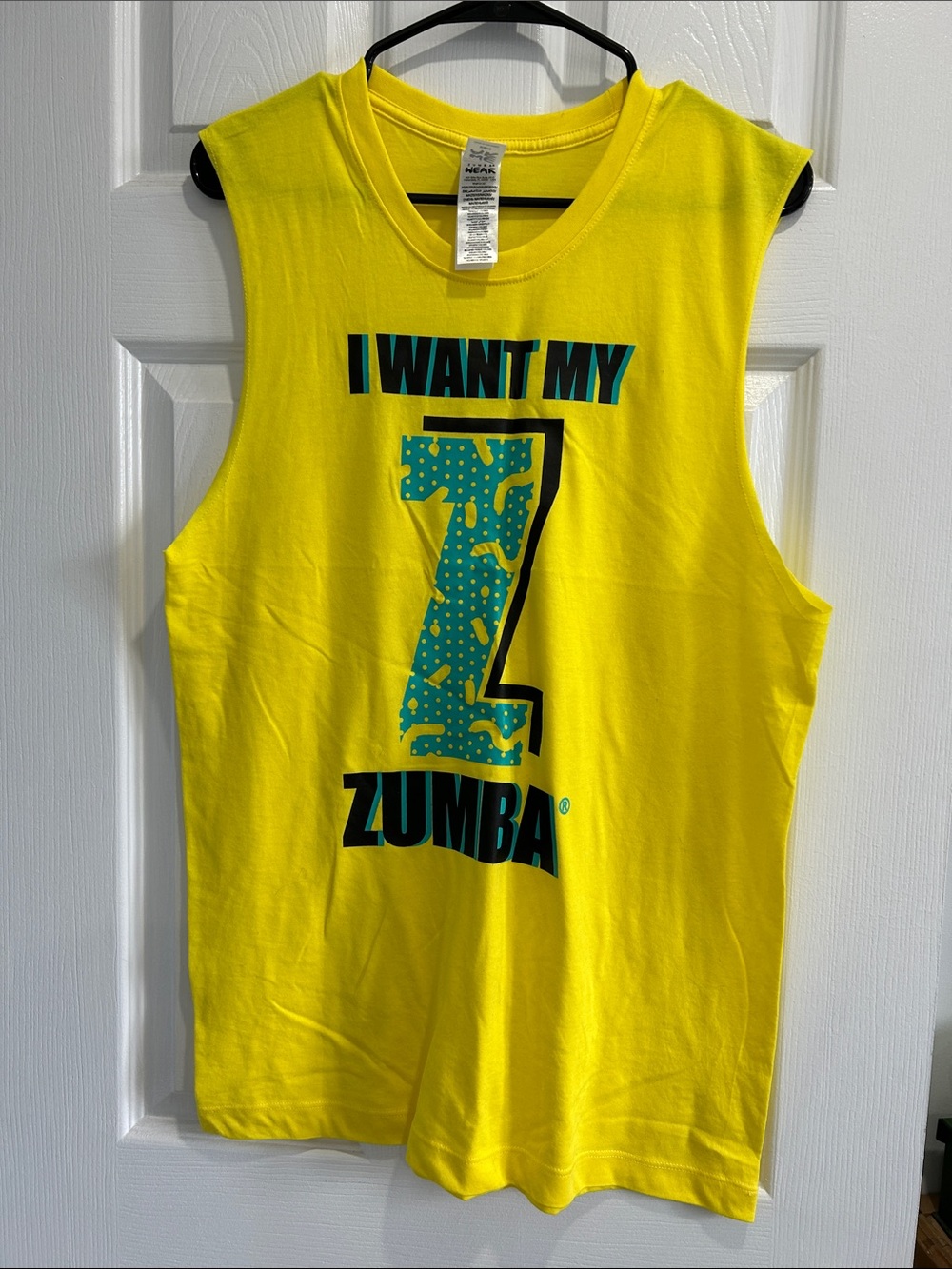 NWOT Zumba Fitness Yellow Muscle Tee with Teal Graphic
